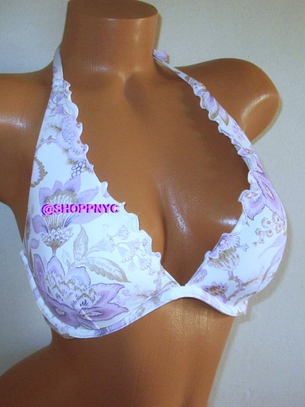 36DD Victorias Secret Swim Ruffle Halter Bikini Top White Violet Floral $50